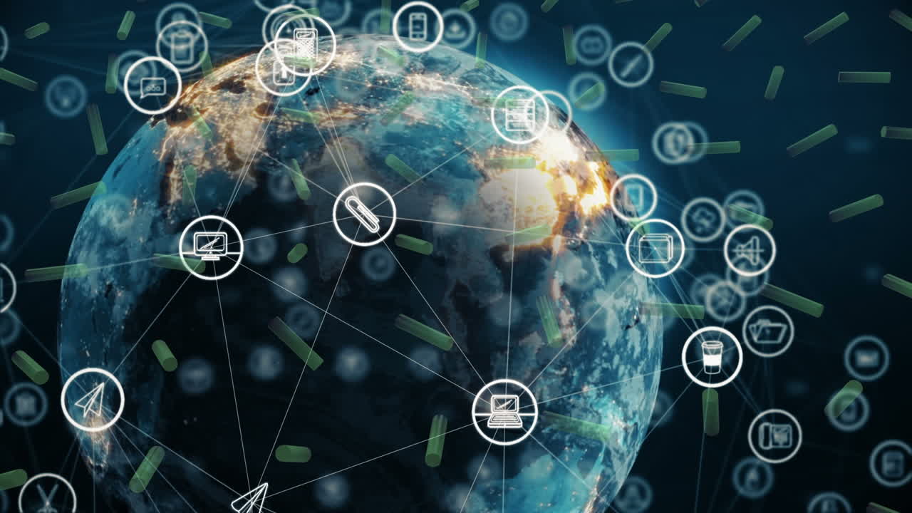 анимация икон, сеть соединений и вращающийся глобус в военно-морском пространстве