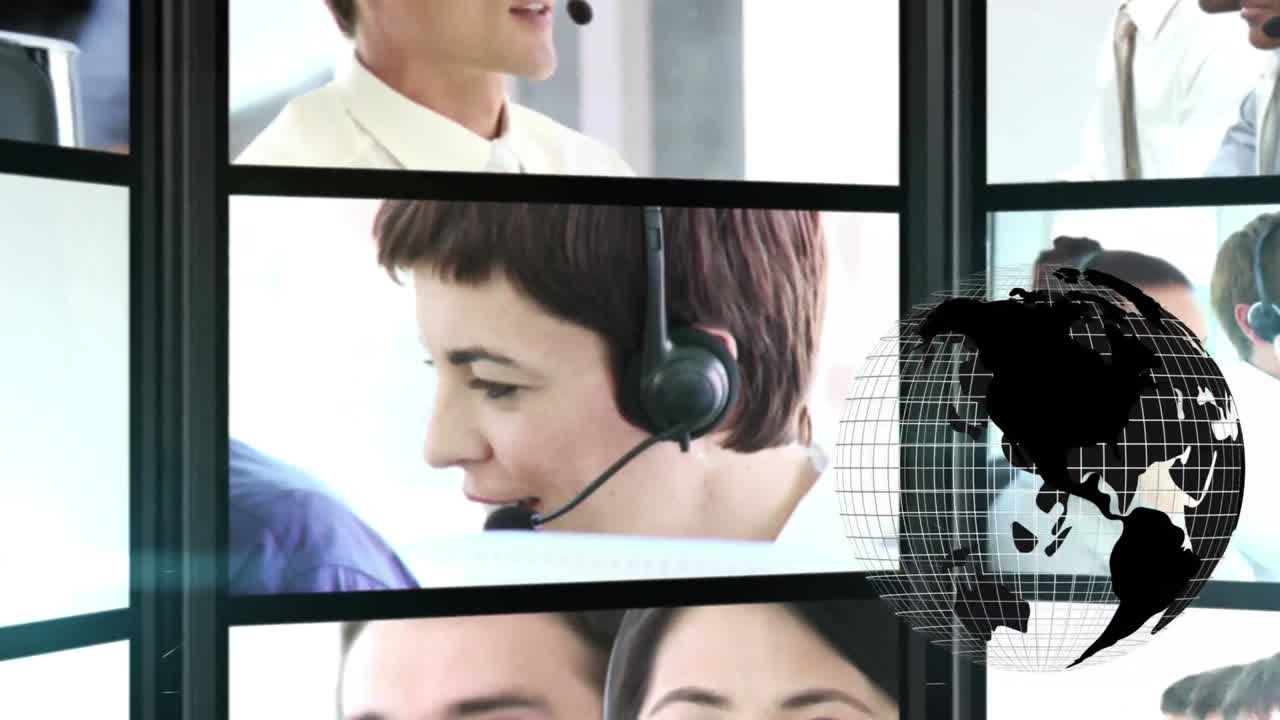 animación del globo sobre personas de negocios que usan auriculares