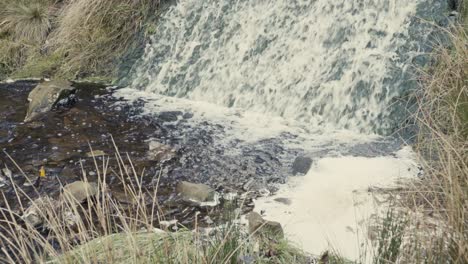una pequeña cascada hecha por el hombre en un bosque en lancashire, inglaterra
