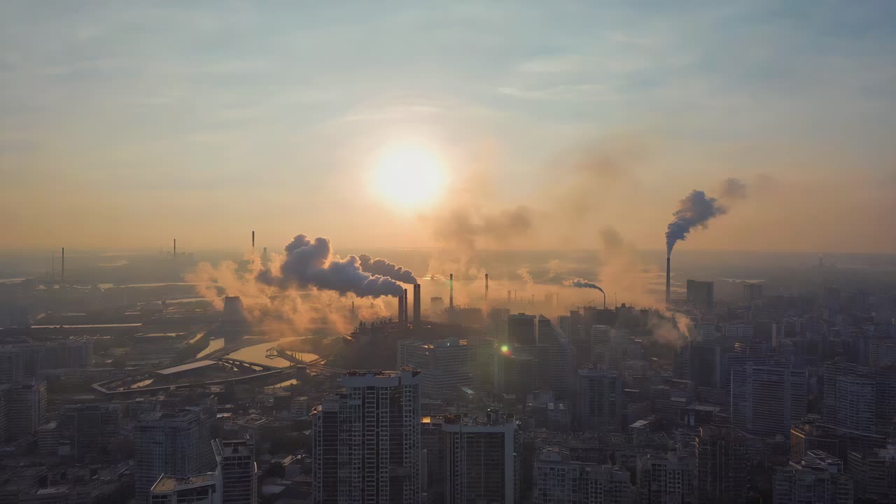 Cityscape with Industrial Pollution at Sunset