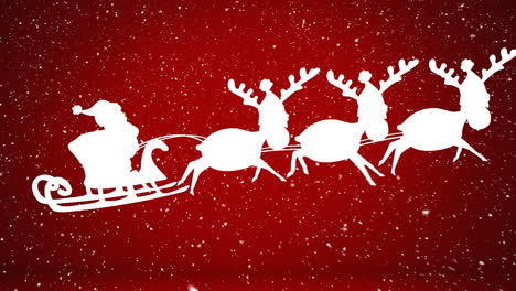 snow falling over santa claus in sleigh being pulled by reindeers against red background