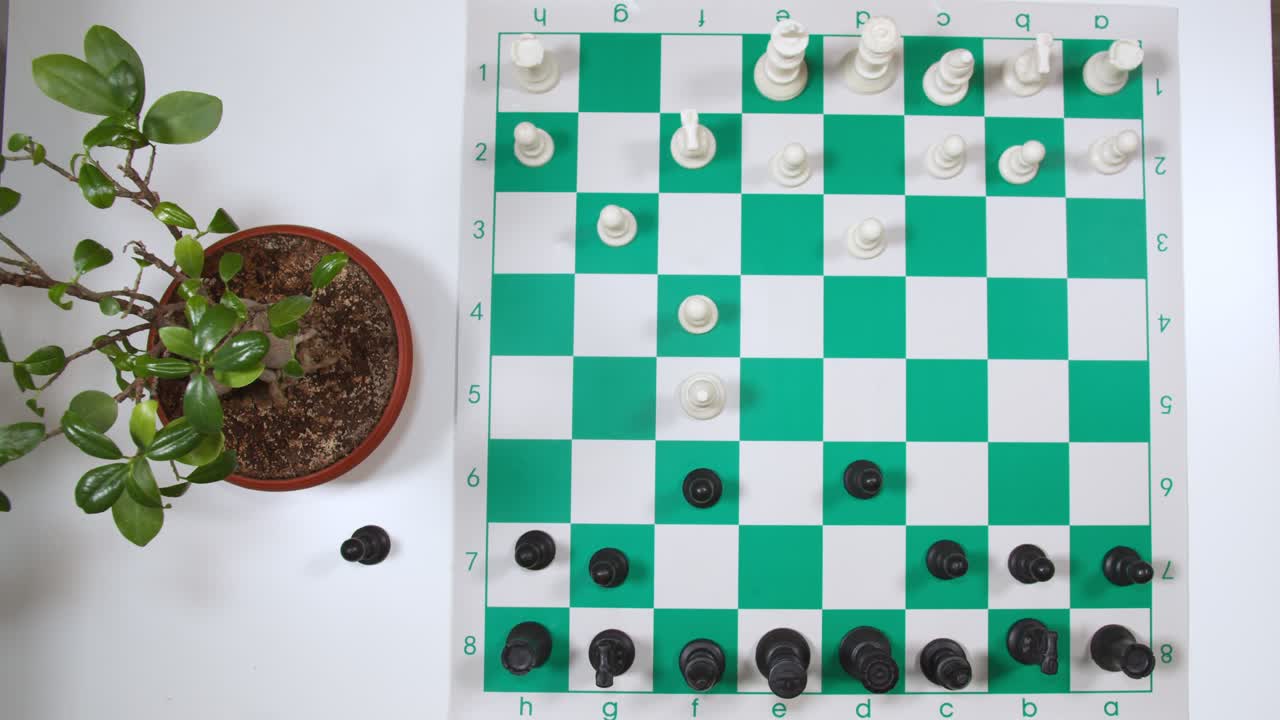 A person hand moving a horse piece up and then side ways on a chess board, static shot