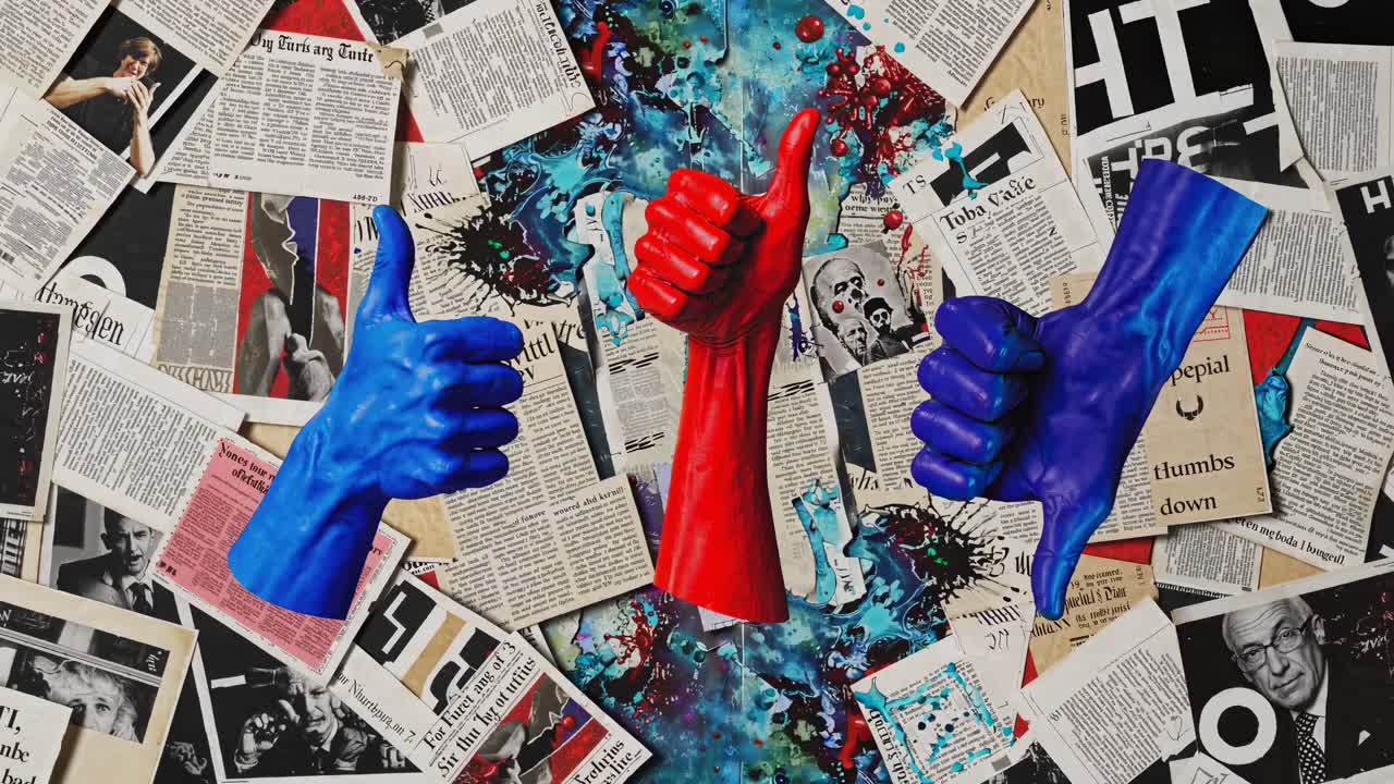 위와 아래 엄지손가락으로 혼합 미디어 콜라지