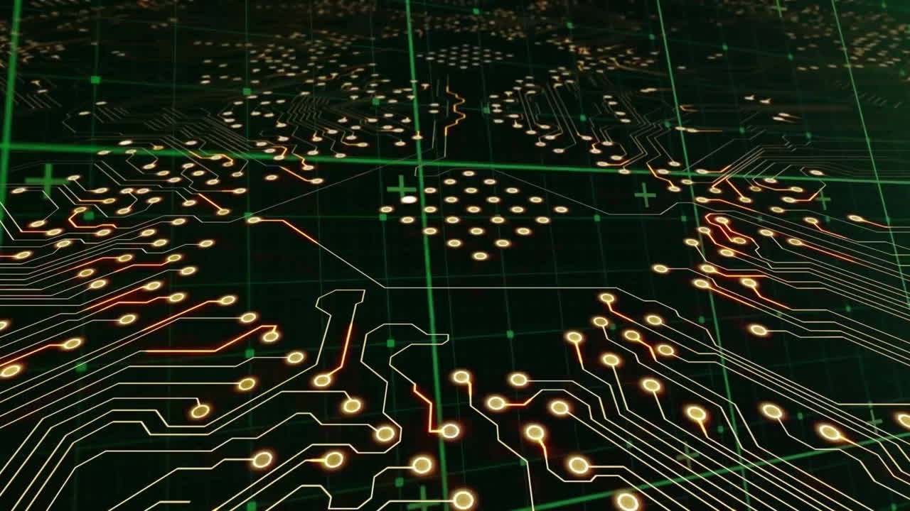 animación de la cuadrícula verde sobre la transferencia de datos en la placa base brillante