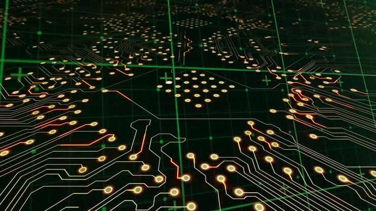 Animazione di una griglia verde sovrapposta al trasferimento di dati su una scheda madre luminosa