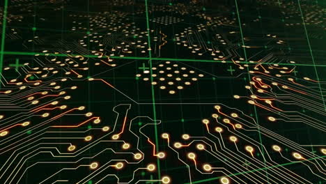 Animation of green grid over transferring data on glowing motherboard