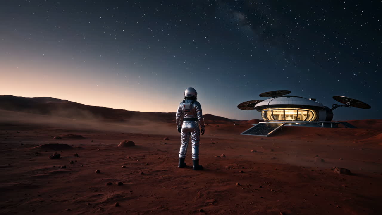 Astronaut on Mars near a futuristic habitat