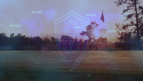 translucent dotted shield icon hovering over golf fairway, displaying floating data on sunrise grid
