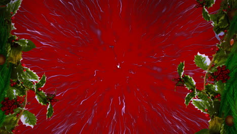 decoración de corona de navidad sobre un rastro de luz púrpura que estalla contra un fondo rojo