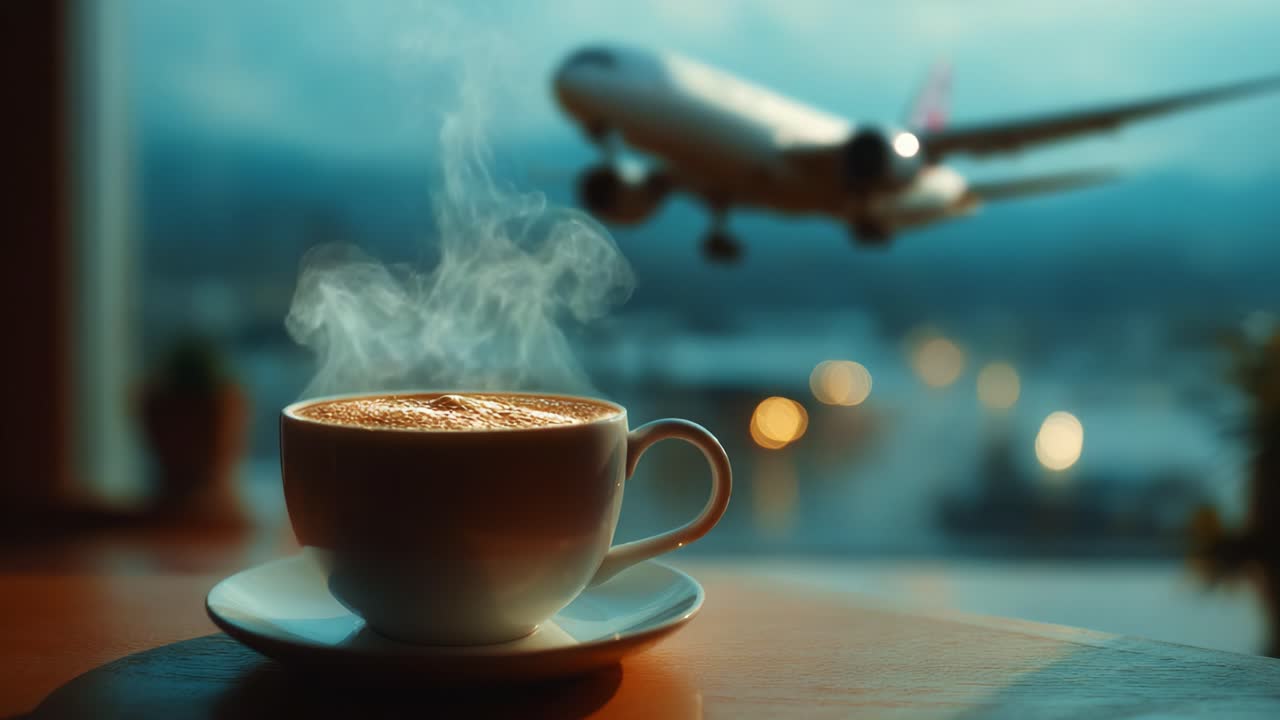 A Serene Moment: A Steaming Cup of Coffee in Focus with a Jet Aircraft Taking Off in the Background, Perfectly Capturing the Blend of Leisure and Travel Experience
