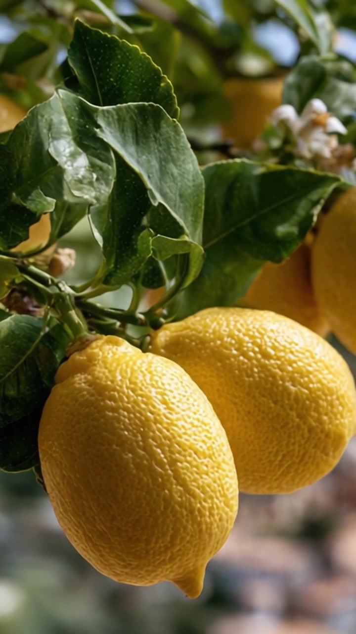Limoni Freschi e Vivaci che Pendono da un Ramo d'Albero con Foglie Verdi Rigogliose, Catturando la Bellezza della Natura in Ogni Dettaglio Agrumato