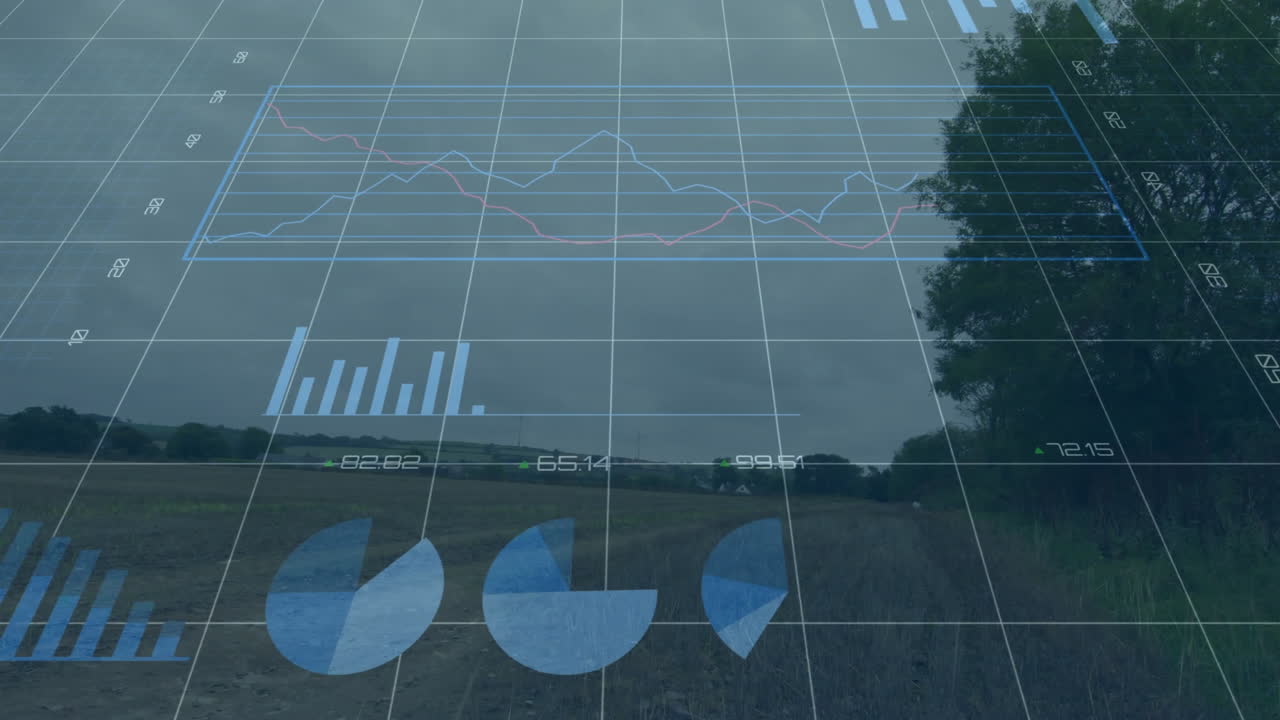 Digital data overlay flowing across rural landscape, showing line chart pie chart bar graph icons