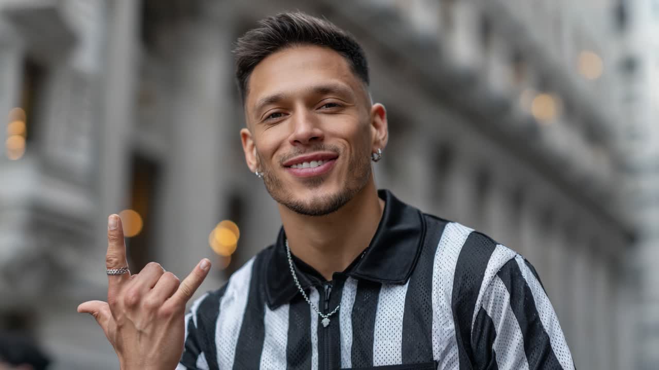 Un giovane uomo sicuro di sé in camicia a righe fa un gesto di amicizia sorridendo smagliantemente in un ambiente urbano, ritratto in due momenti di gioia ed espressione.