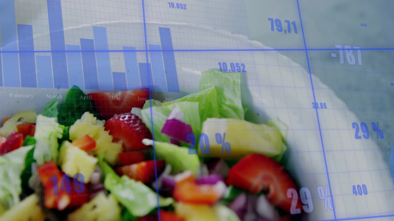 On play camera shifting across bowl while blue data sliding and updating focusing pineapple,tomato