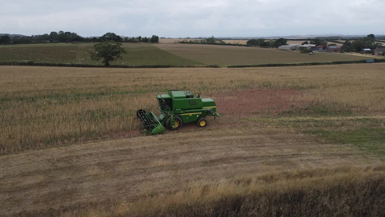 Vista aerea di una mietitrebbia che raccoglie grano maturo nella campagna del Somerset, con ampi terreni agricoli e macchinari agricoli in funzione.