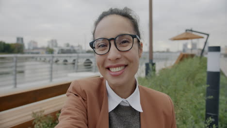 business woman video call outdoors