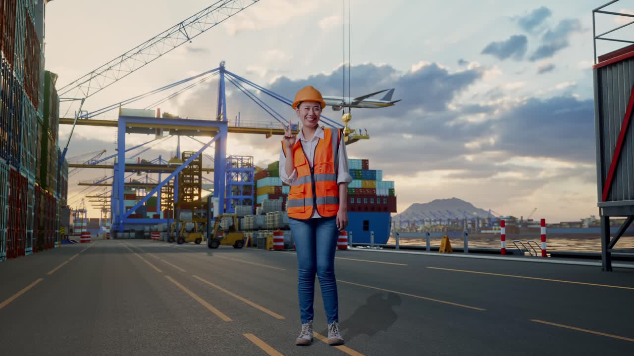 Figura intera di un'ingegnera asiatica con casco di sicurezza che sorride e fa il segno della pace mentre è in piedi al porto con una nave portacontainer e gru al tramonto