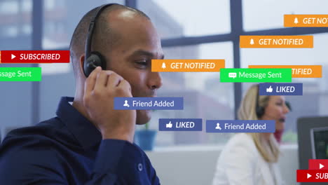 animation of notification icons over diverse call center agents talking over headsets in office