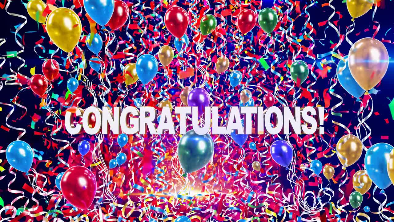 Festive video scene with colorful balloons and confetti from a low-angle view, highlighting a bold