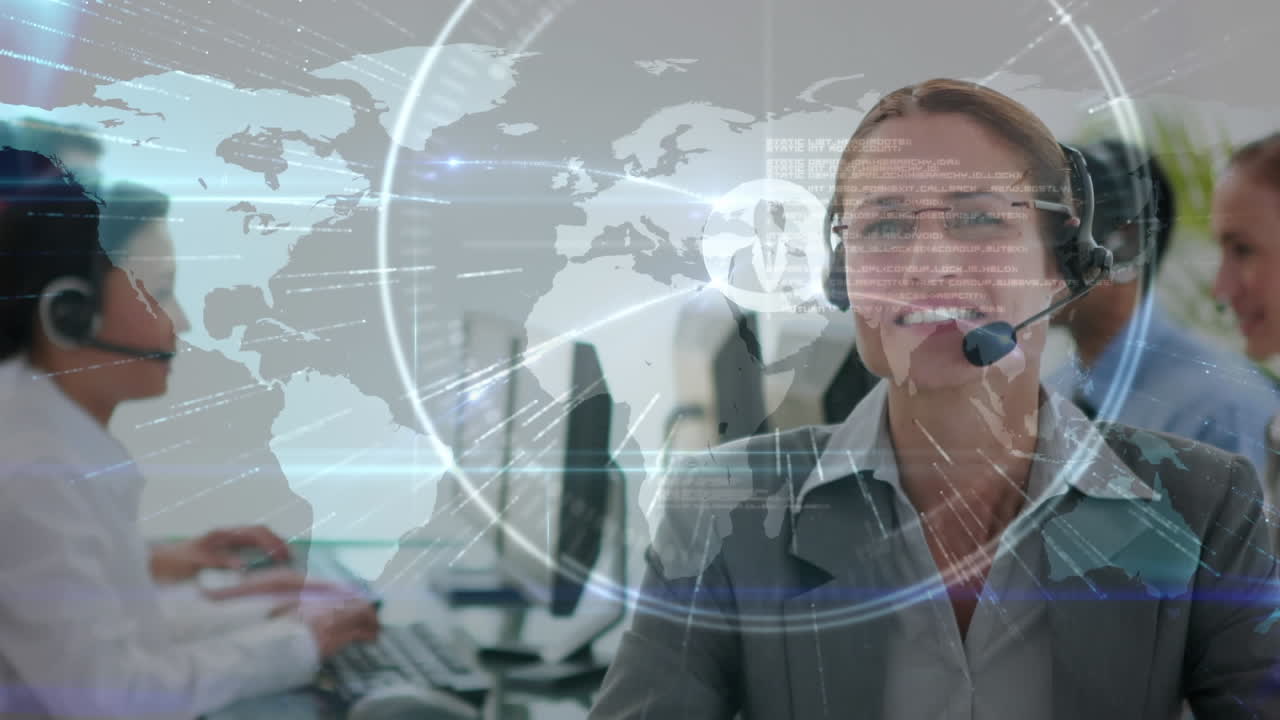 animación de la red de conexiones y el mapa del mundo sobre personas de negocios que llevan auriculares de teléfono