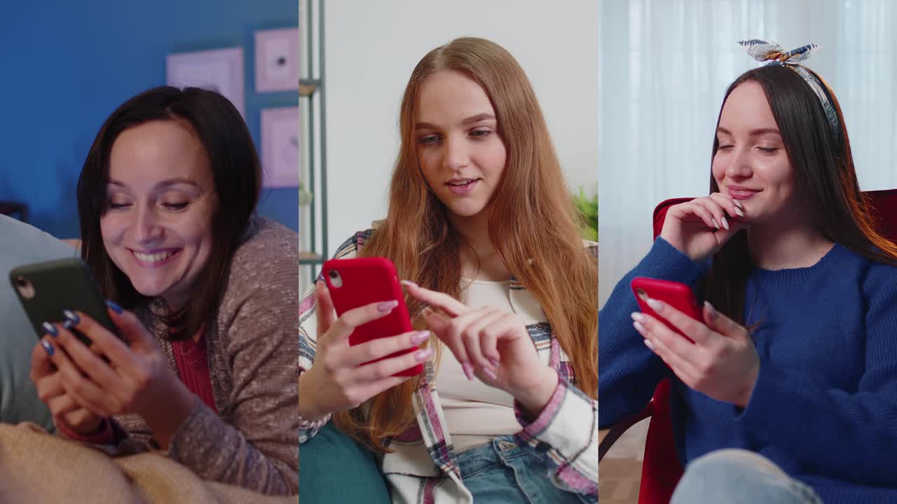 радостные молодые взрослые женщины сидят на диване, используя смартфон, смотрят видео, делают онлайн-покупки, нажимают