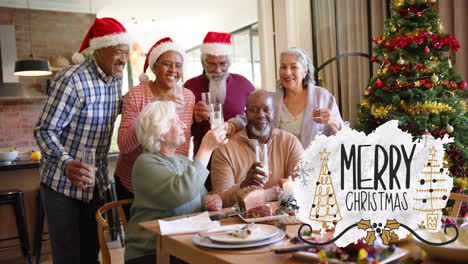 animation of merry christmas text over diverse senior friends at christmas dinner at home