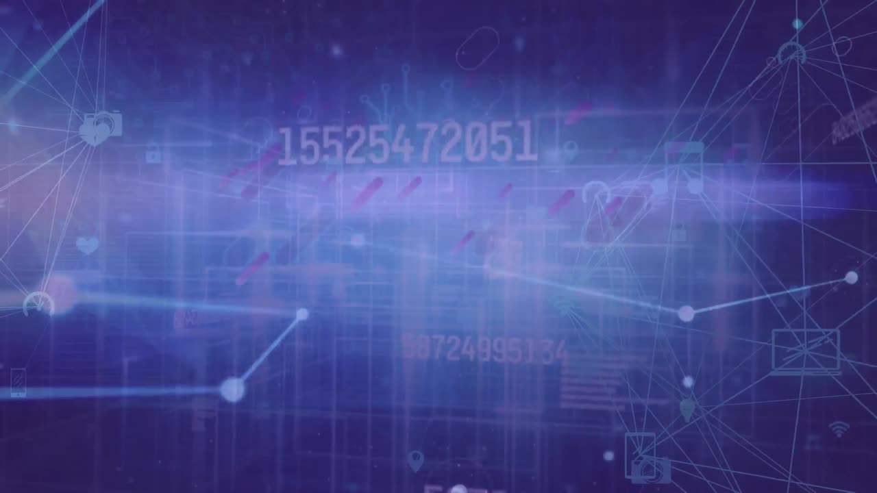 Animation of purple light trails and data processing on purple background