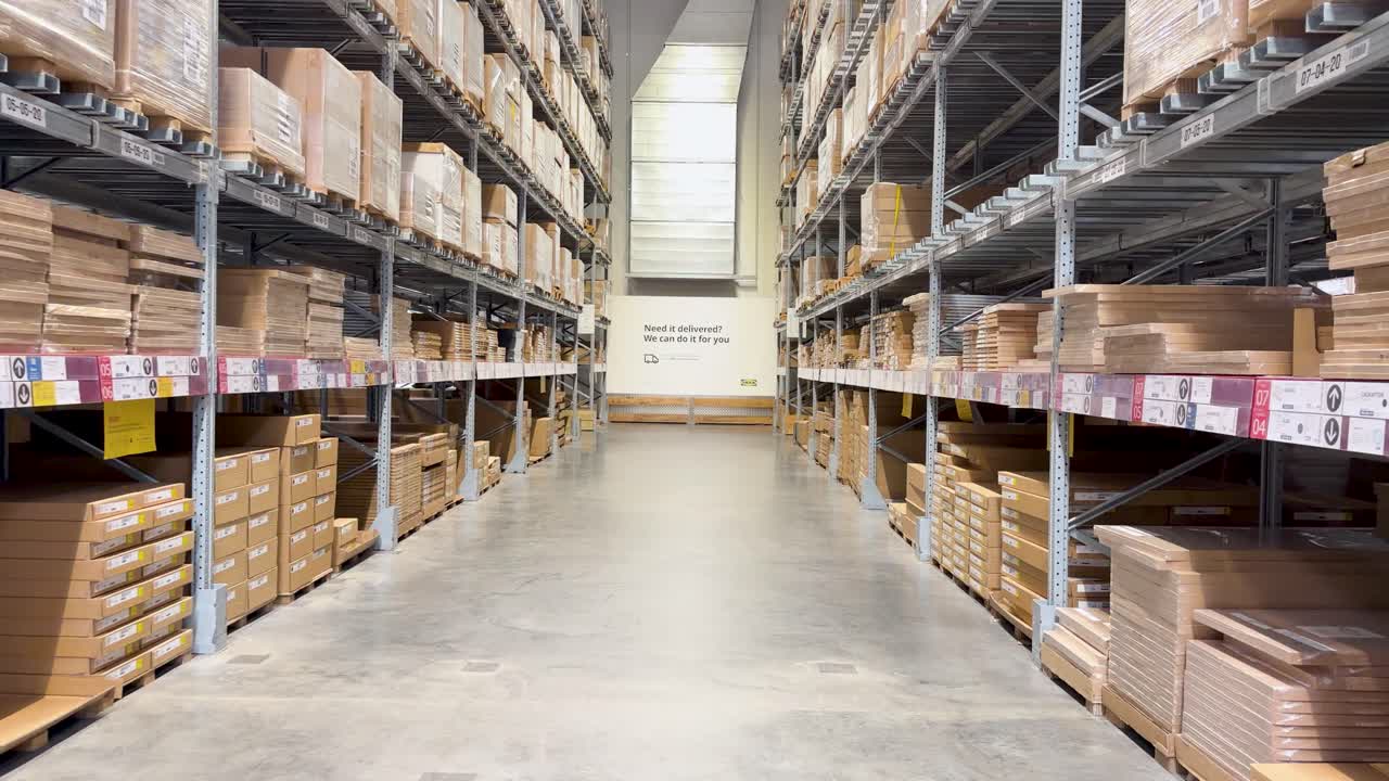 Camera glides through bright warehouse aisle lined with organized flat-pack furniture boxes on shelves