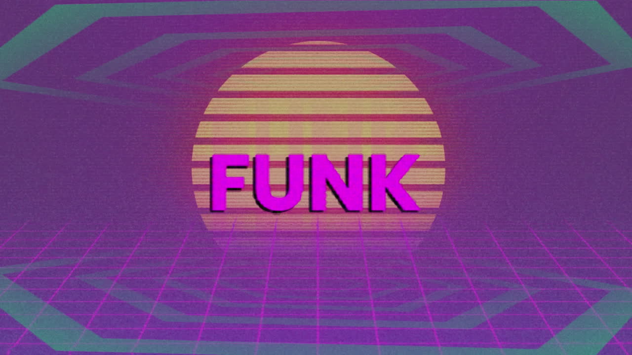 animación del texto funk sobre el sol digital en fondo púrpura