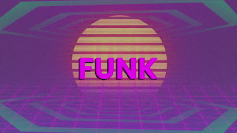 animation of funk text over digital sun on purple background