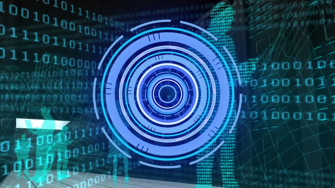 animación de escaneo de alcance sobre personas digitales y codificación binaria