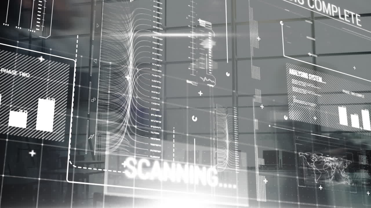 interfaccia digitale con elaborazione dei dati contro le persone che camminano in ufficio