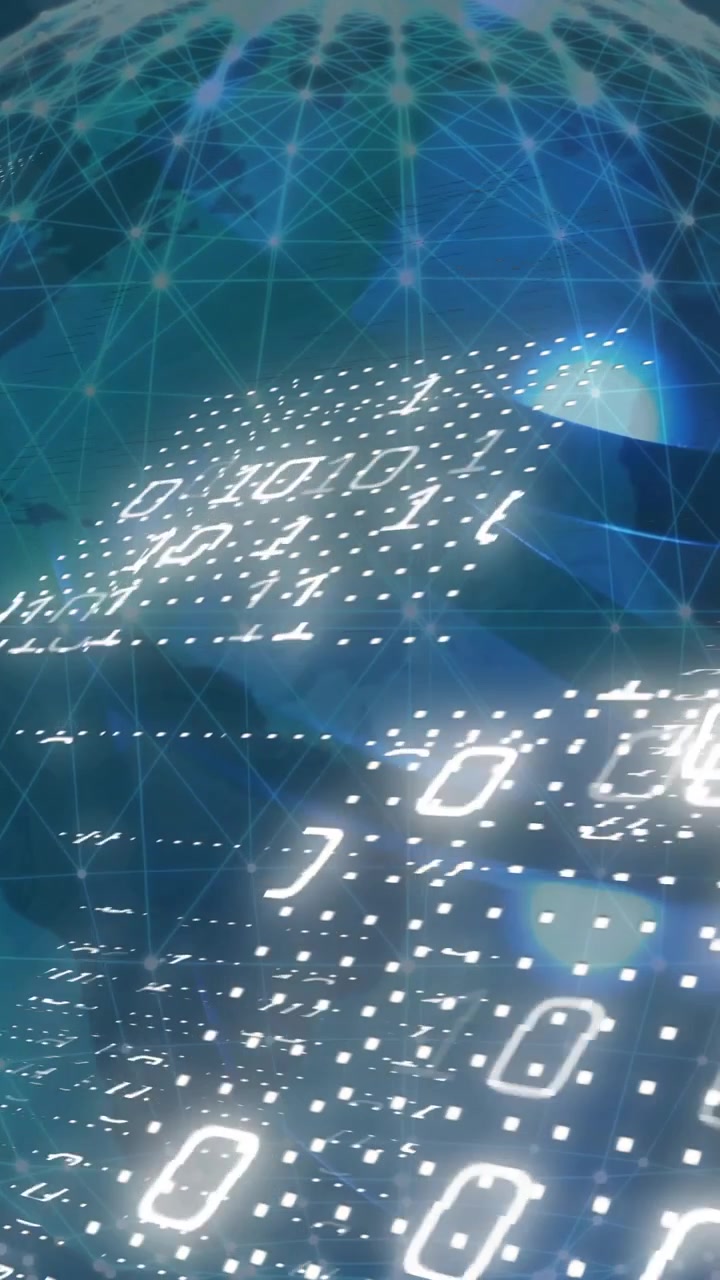 Animation of globe, binary coding, data processing on blue background