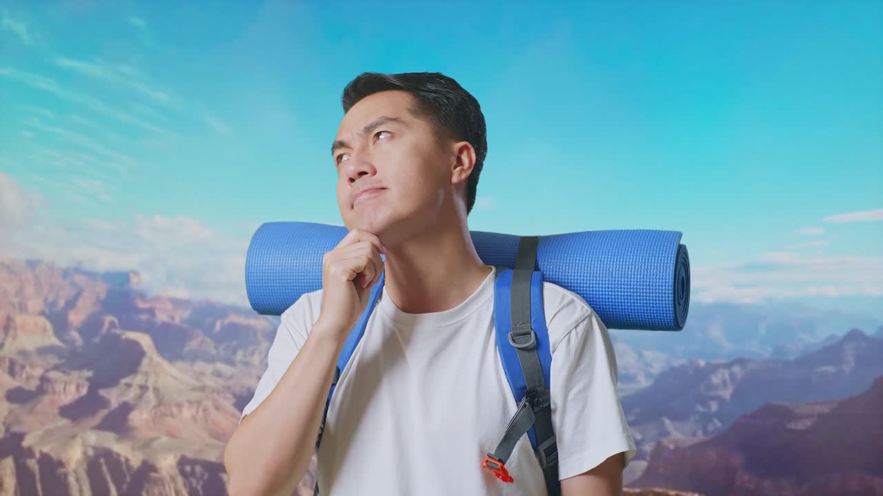 Close Up Of Asian Male Hiker With Mountaineering Backpack Thinking About Something And Looking Around Then Raising His Index Finger While Traveling At The Top Of Mountain