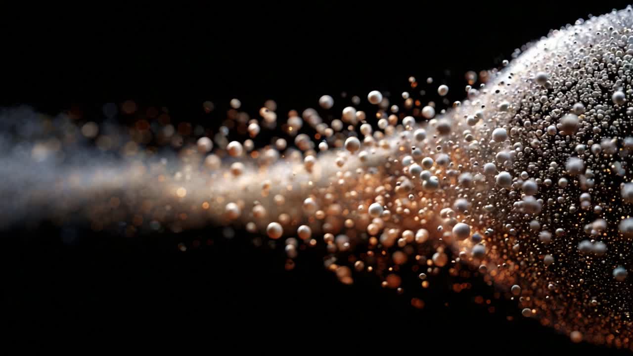 An Abstract Visualization of a Dynamic Fluid Spray Featuring a Cascade of Bubbles and Particles in Motion, Captured Against a Dark Background to Highlight Their Texture and Movement