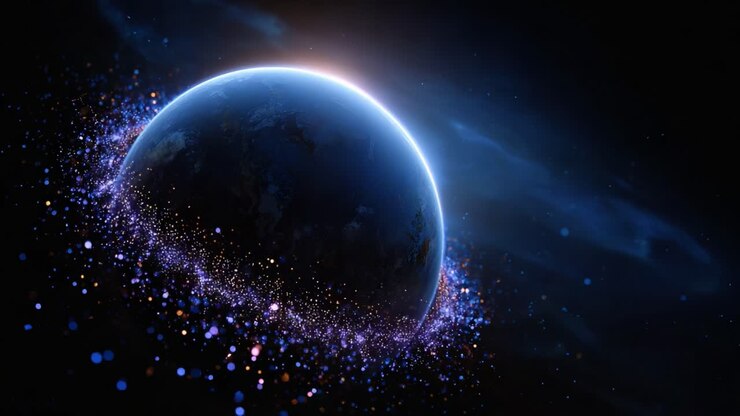Una splendida scena cosmica con una Terra luminosa circondata da stelle scintillanti e particelle cosmiche nella vasta oscurità dello spazio, per un'esperienza visiva mozzafiato