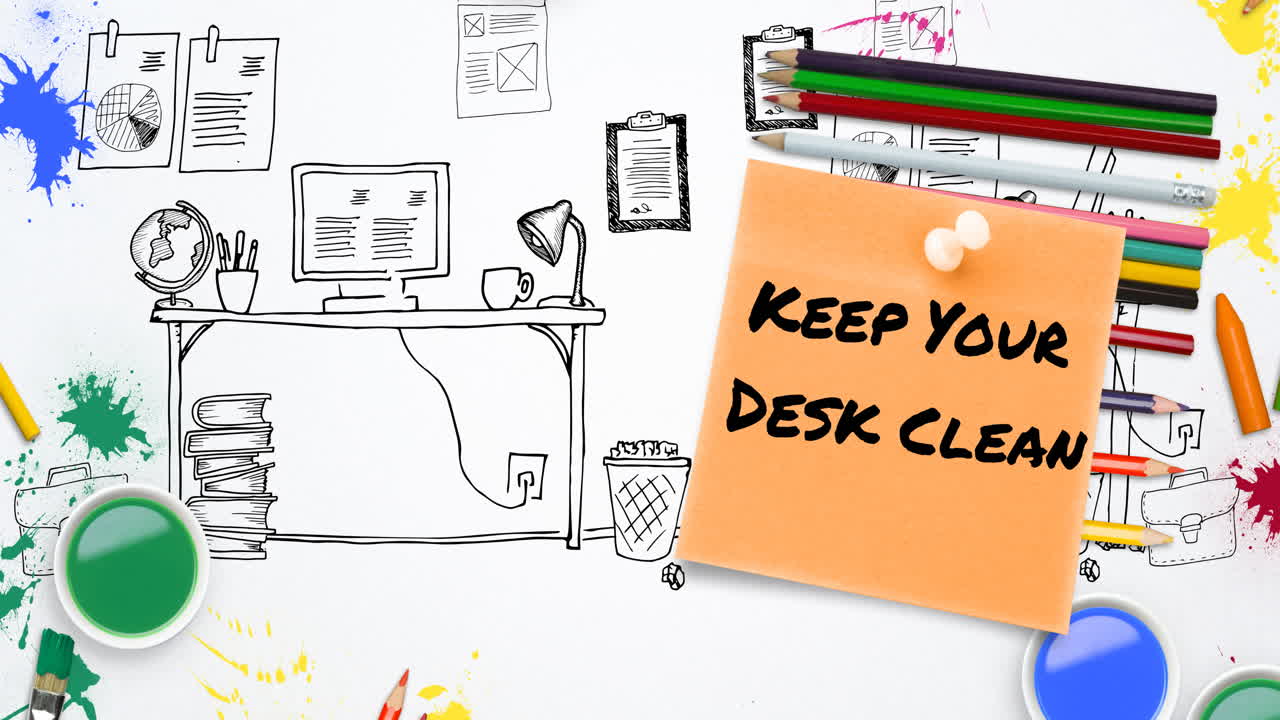 Animation of keep your desk clean text over drawing of office