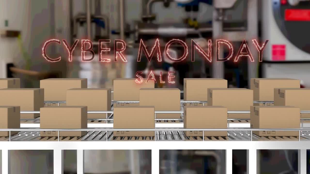 컨베이어 벨트에 있는 카드보드 상자 위에 있는 사이버 월요일 판매 텍스트의 애니메이션