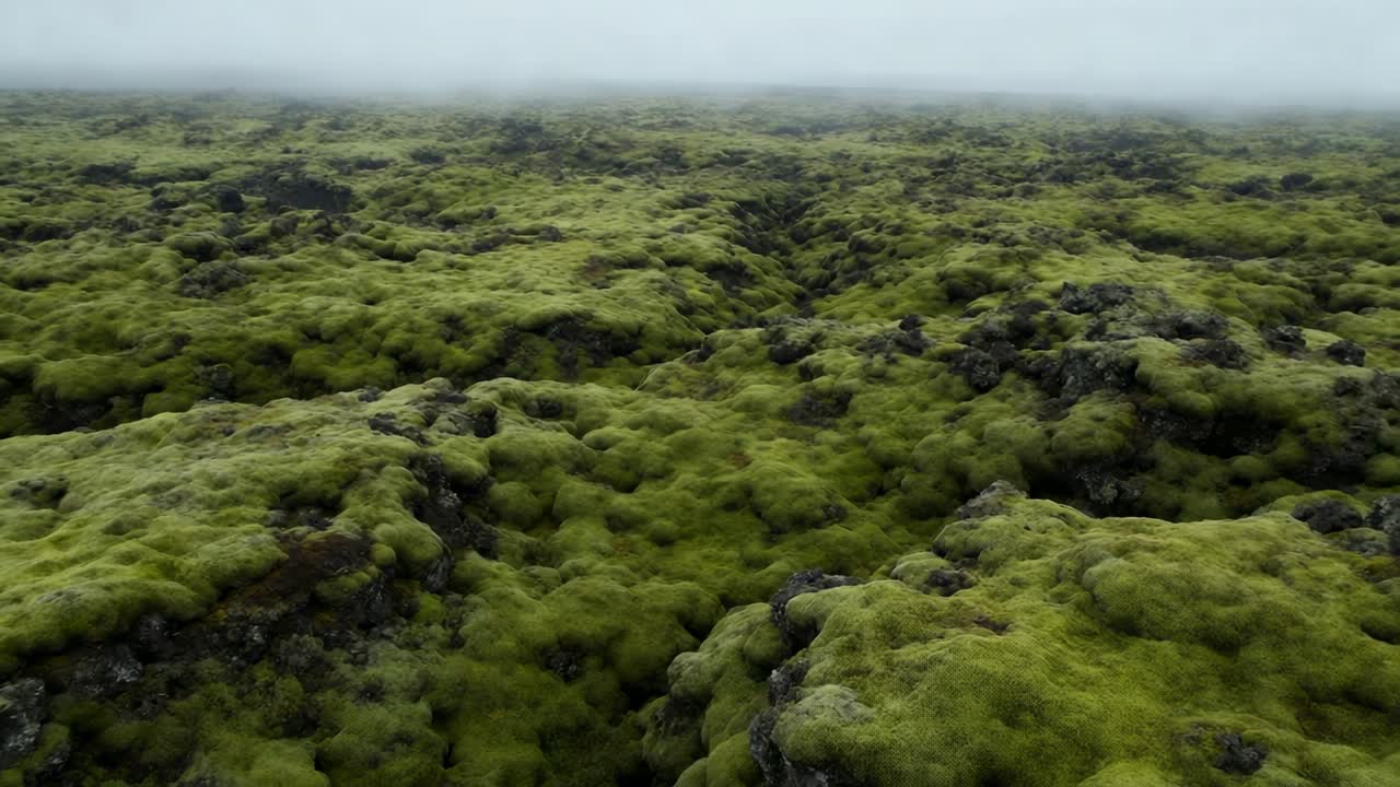 Video verticale: Drone che si solleva e plana, sorvolando un campo di lava ricoperto di muschio fino all'orizzonte nebbioso per la mappatura.