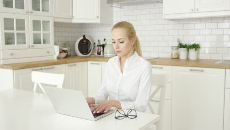 mujer joven que usa la computadora portátil en la cocina