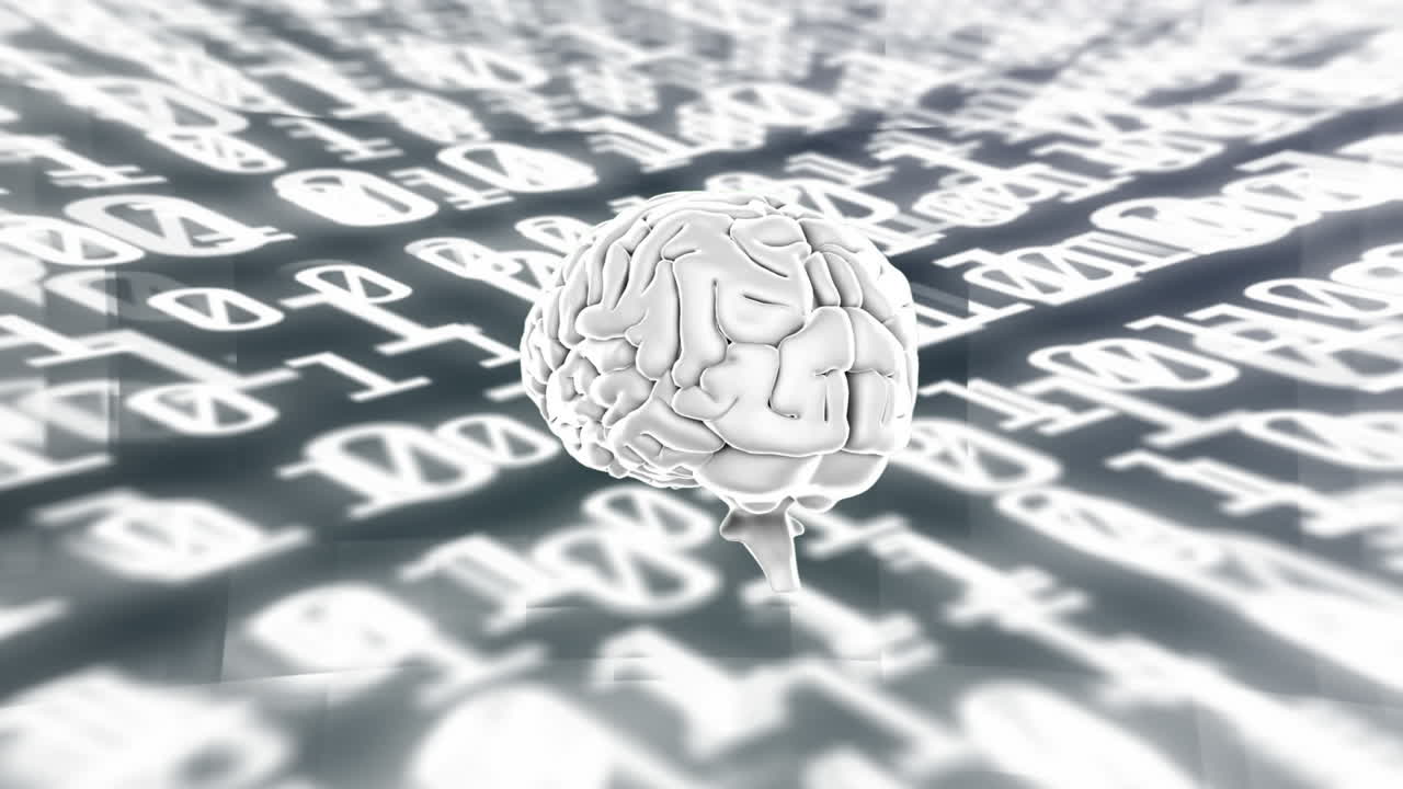 블랙 배경의 바이너리 코딩 데이터 처리에 대항하여 인간의 뇌가 회전합니다.