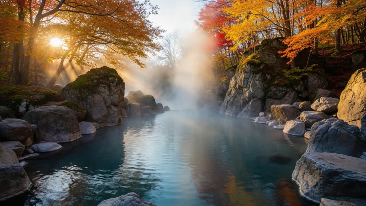 Serene Autumn Scene with Misty Hot Springs and Colorful Foliage Under a Sunlit Sky: A Tranquil Escape into Nature