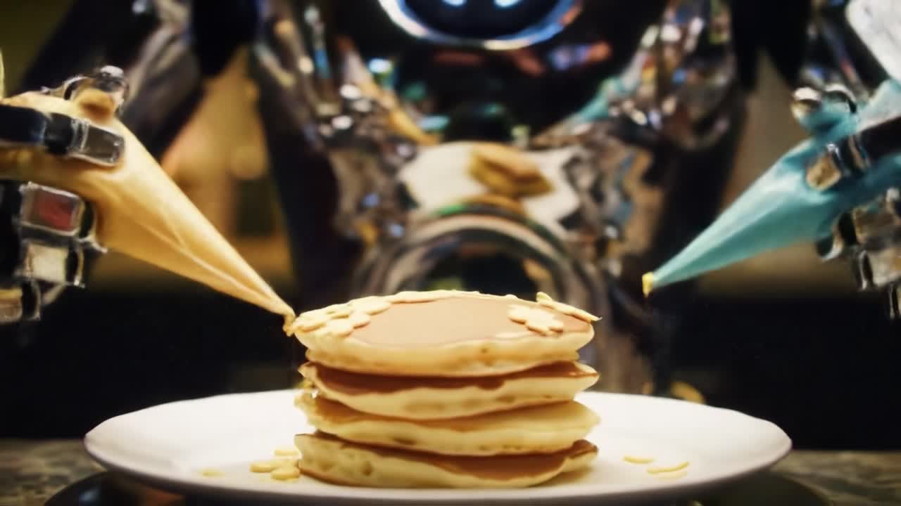 A sleek robot chef skillfully assembles pancakes using piping bags for decoration.