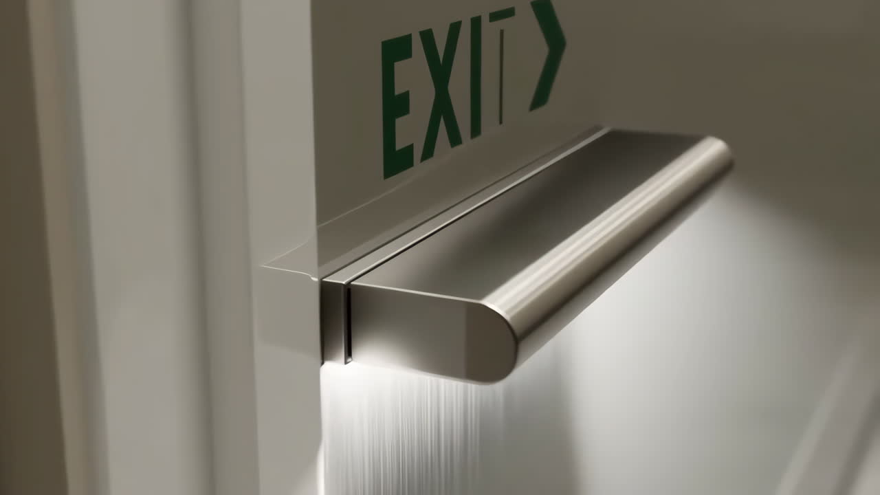 Close-up of an Emergency Exit Door with Panic Bar and Green Exit Sign