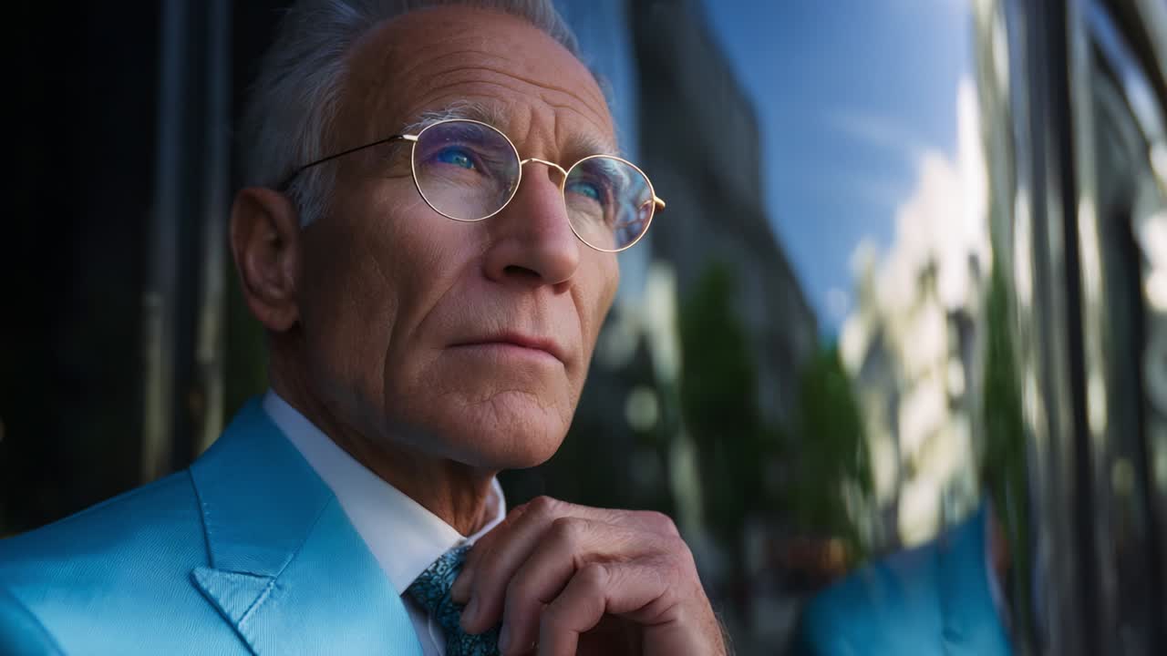 An Elderly Man in a Stylish Blue Suit Contemplates Life While Gazing Reflectively at a Reflection in a Window, Highlighting His Thoughtfulness and Distinct Sense of Fashion in an Urban Setting