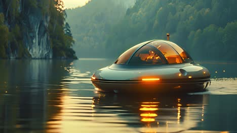 futuristic submersible gliding on a calm lake amidst mountains