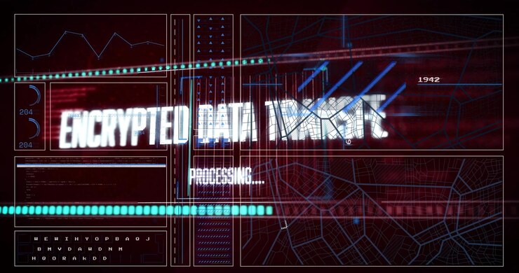Animation of futuristic graphics processing data and encryption on digital interface