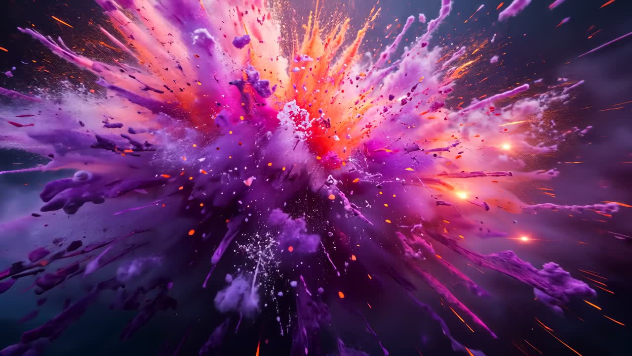 Colored powder cloud detonating and expanding in dark studio, with glowing ember particles