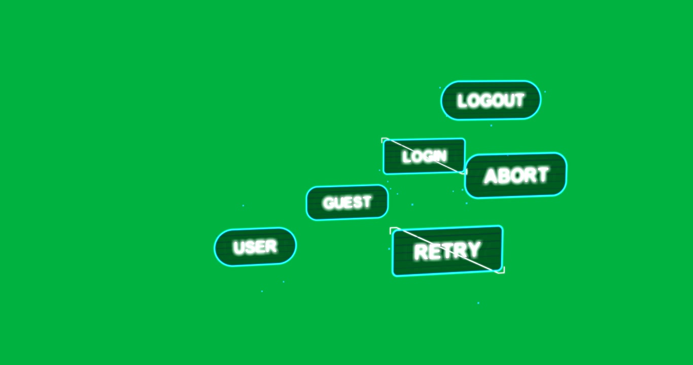 Glitch starting neon UI buttons on transparent canvas, selection box moving to RETRY to retry