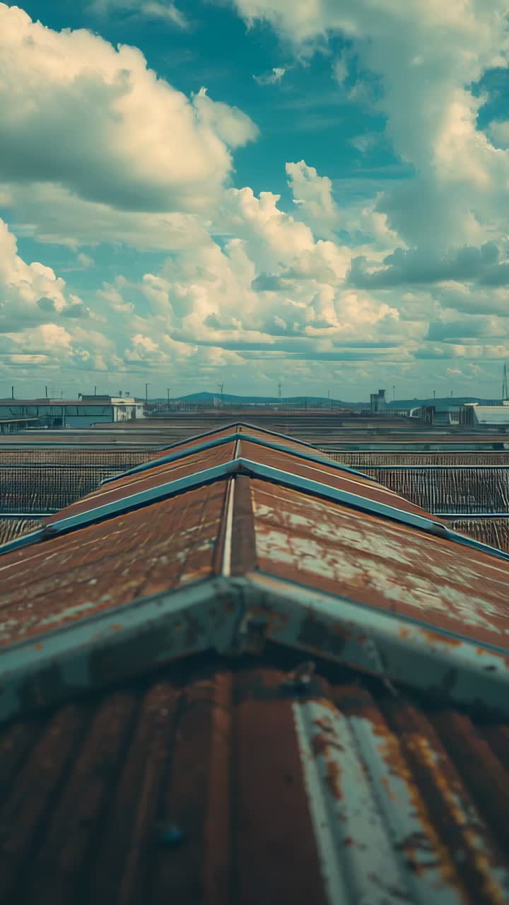 Vertical video: Pulling camera back showing rusted ridge on industrial roof, revealing nearby roofs